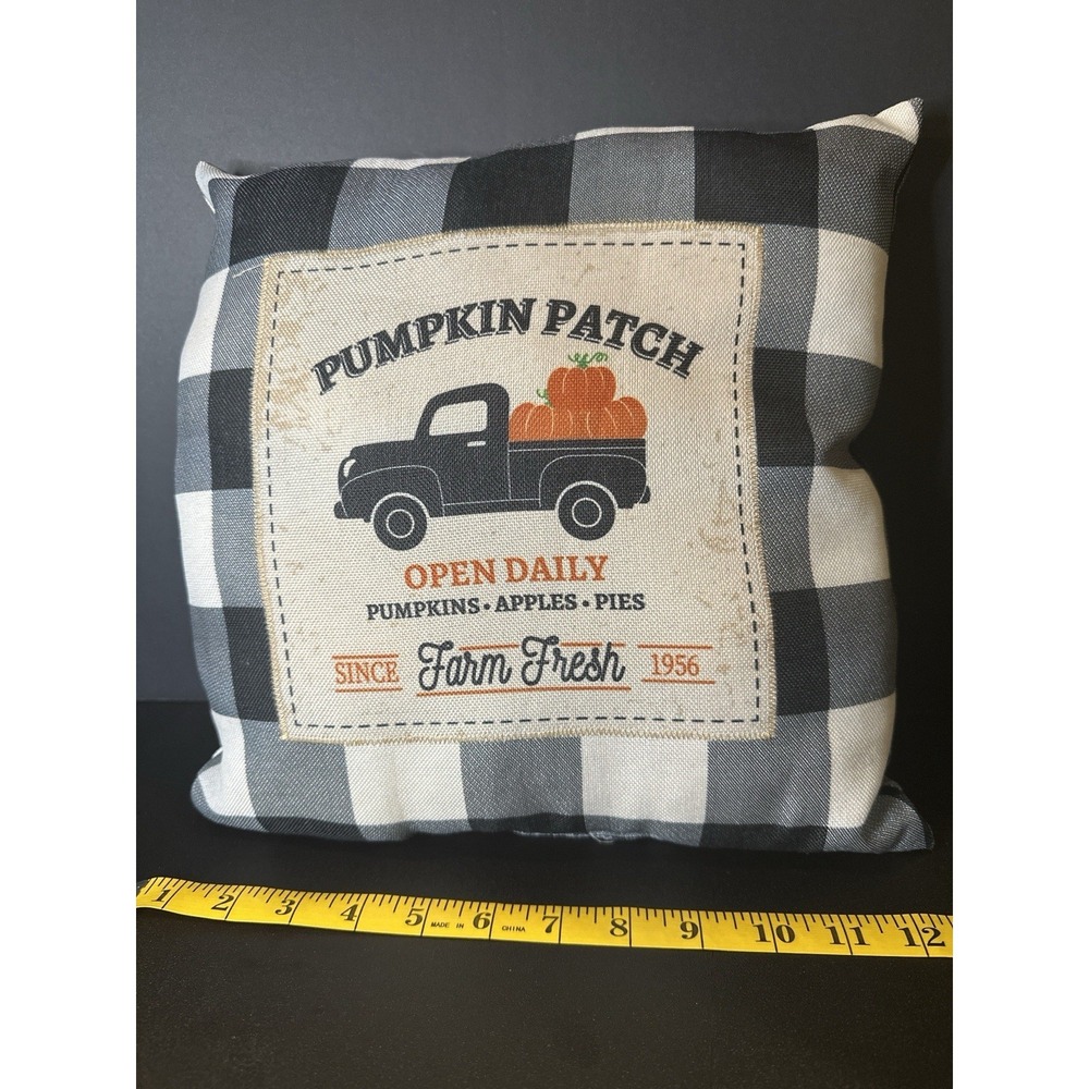 Farmhouse Pumpkin Patch Throw Pillow 12" Fall Buffalo Plaid Truck Pumpkins Decor